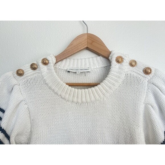 ENGLISH FACTORY Striped Short Puff Sleeve Sweater Buttons Navy Coastal S Preppy - Picture 7 of 14